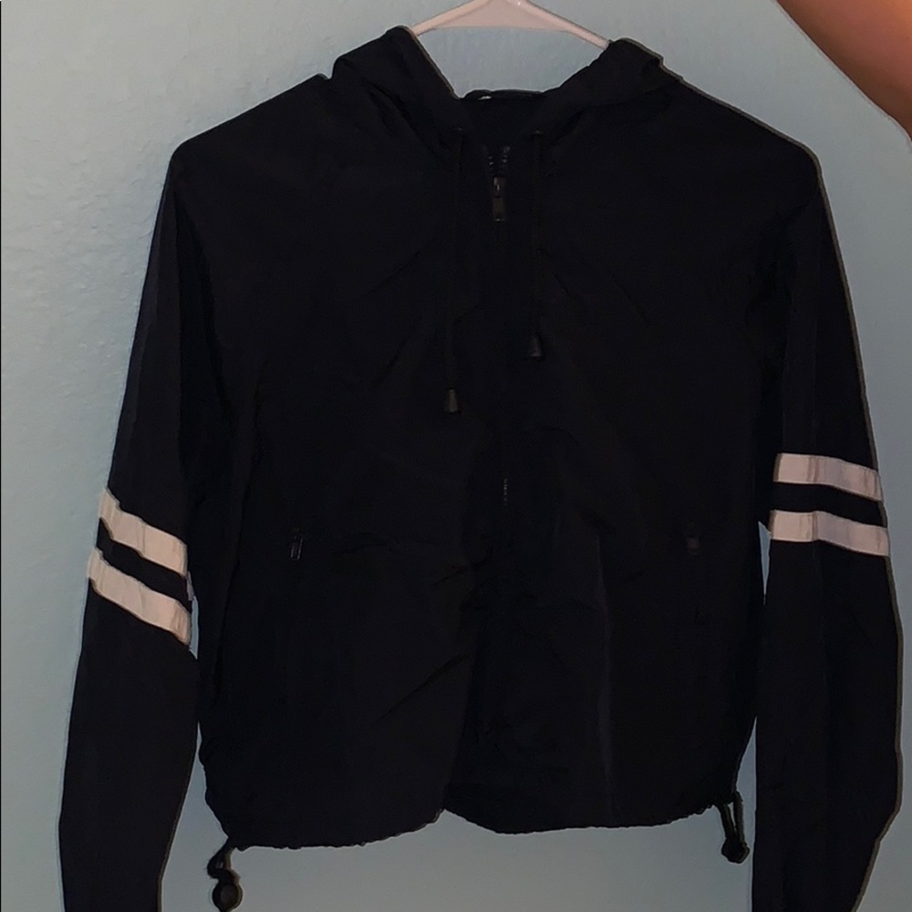 dark navy blue cropped windbreaker zip up hoodie